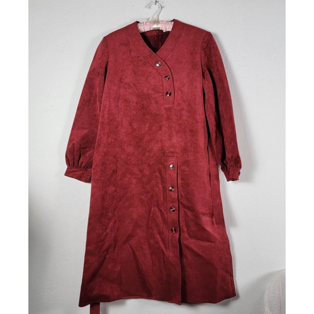 Vintage Mollie Parnis Union Made Burgundy Ultra Suede Midi Dress Size 16 Buttons